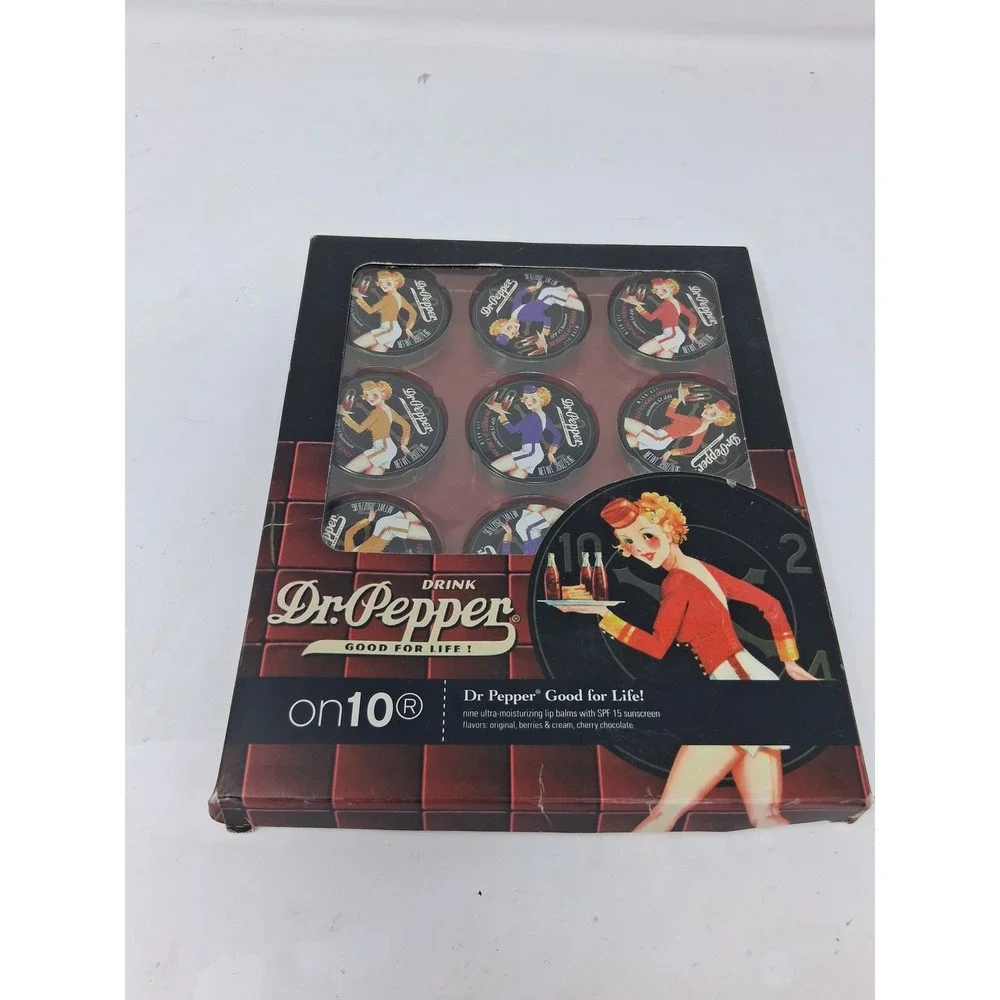 Dr Pepper on10 Lip Balm Set 9 Tins SPF 15 Vintage Pinup Retro Soda Flavors NIB Y